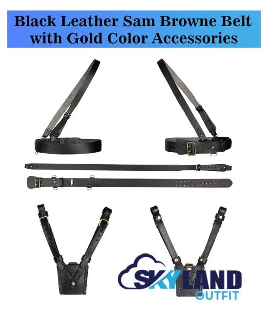 Sam Browne Black Leather Belt with Crossover Shoulder Strap - British Military Belts Sam Browne Black Leather Belt with Crossover Shoulder Strap - British Military Belts