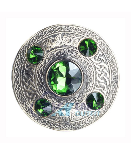 Scottish Fly Plaid Celtic Design Antique Brooch with 5 Green Stones