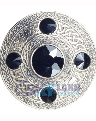 Scottish Fly Plaid Celtic Design Antique Brooch with 5 Black Stones