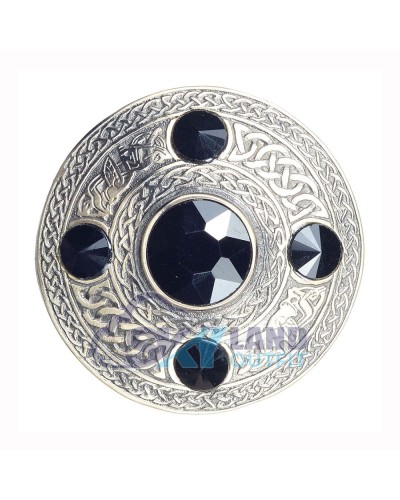 Scottish Fly Plaid Celtic Design Antique Brooch with 5 Black Stones