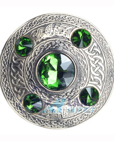Scottish Fly Plaid Celtic Design Antique Brooch with 5 Green Stones