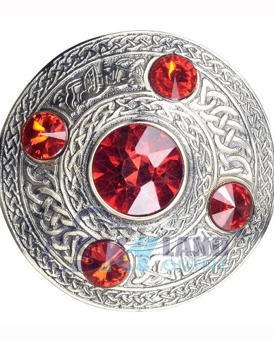 Scottish Fly Plaid Celtic Design Antique Brooch with 5 Red Stones