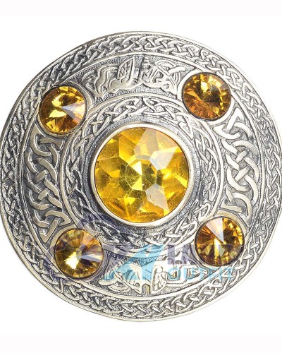 Scottish Fly Plaid Celtic Design Antique Brooch with 5 Yellow Stones