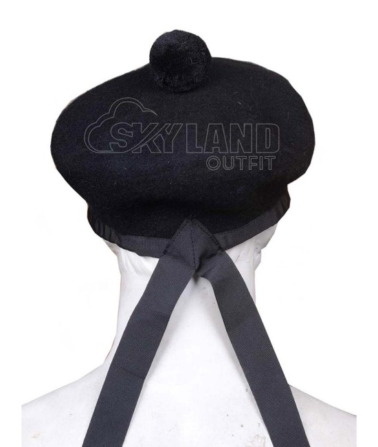 Black Wool Balmoral Bonnet Scottish Military Hat Kilt Cap Black Wool Balmoral Bonnet Scottish Military Hat Kilt Cap