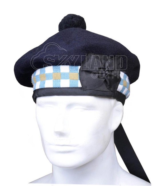 Balmoral Diced Bonnet Navy Blue Wool Hat – Sky Blue, White & Khaki Diced Cap
