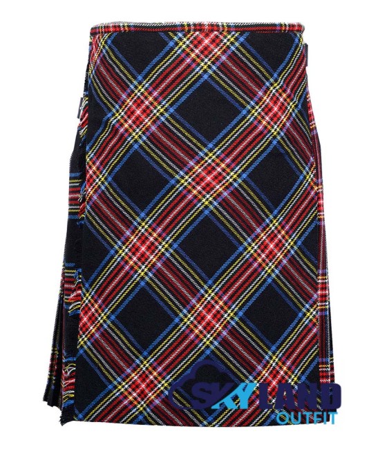 Black Stewart Tartan Kilt – 8 Yard Traditional Scottish Kilt with Bias Apron