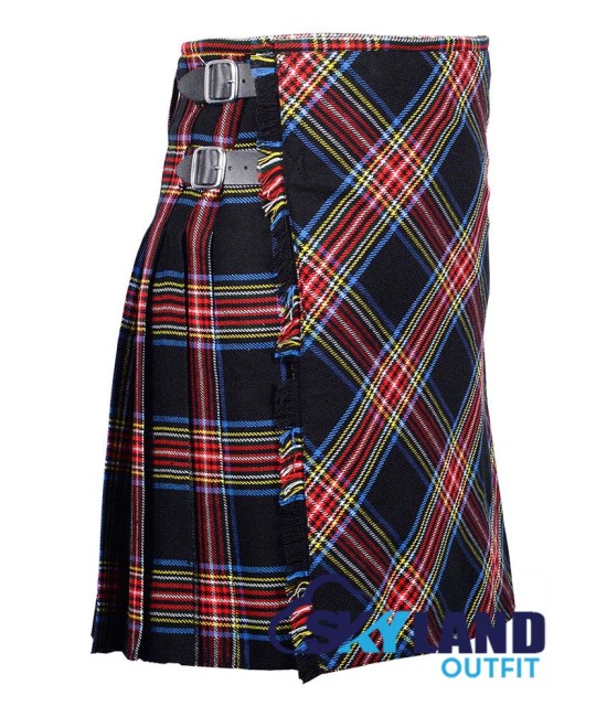 Black Stewart Tartan Kilt – 8 Yard Traditional Scottish Kilt with Bias Apron