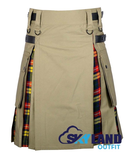 Hybrid Utility Kilts - Khaki Cotton & Buchanan Tartan Kilt