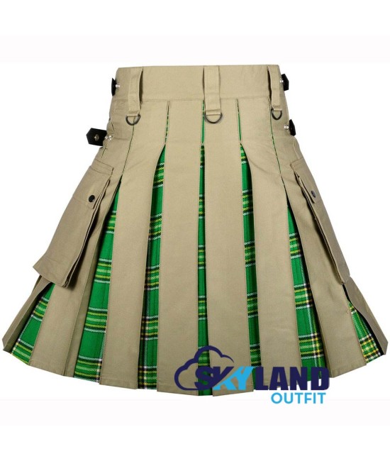 Hybrid Utility Kilts - Khaki Cotton & Irish Heritage Tartan Kilt