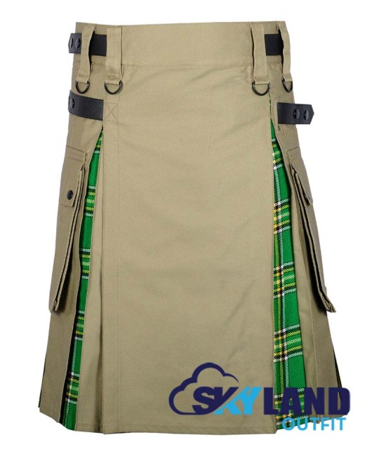 Hybrid Utility Kilts - Khaki Cotton & Irish Heritage Tartan Kilt