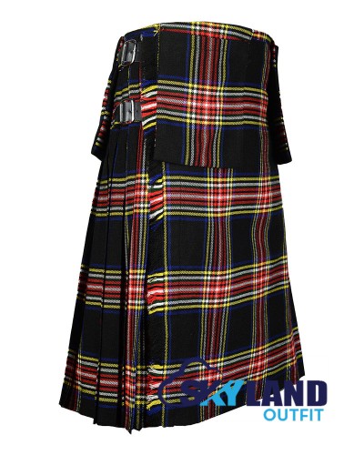 Black Stewart Scottish 8-yard tartan kilt with detachable pockets