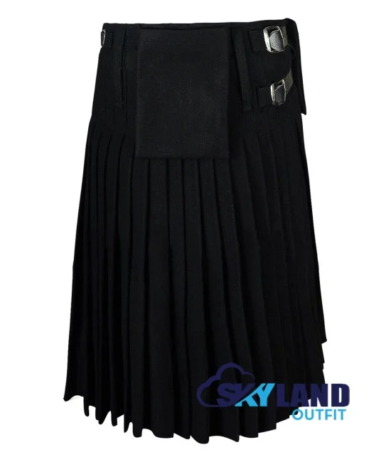Black Wool Scottish 8-Yard Kilt with 3 Detachable Pockets