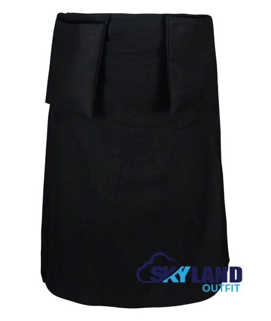 Black Wool Scottish 8-Yard Kilt with 3 Detachable Pockets