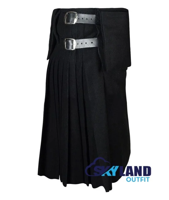 Black Wool Scottish 8-Yard Kilt with 3 Detachable Pockets