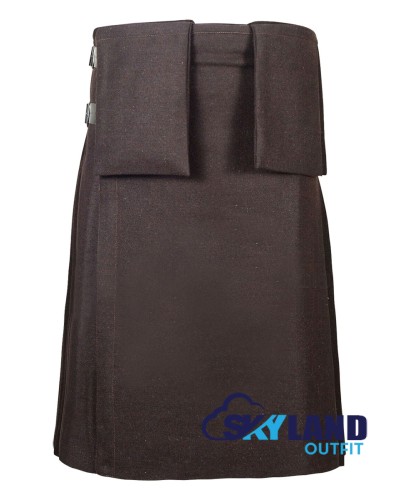 Brown Wool Scottish 8-Yard Kilt with 3 Detachable Pockets