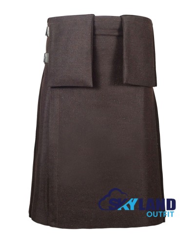 Brown Wool Scottish 8-Yard Kilt with 3 Detachable Pockets