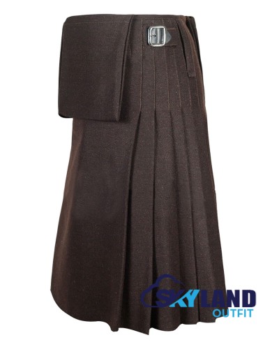 Brown Wool Scottish 8-Yard Kilt with 3 Detachable Pockets