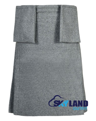 Grey Wool Scottish 8-Yard Kilt with 3 Detachable Pockets