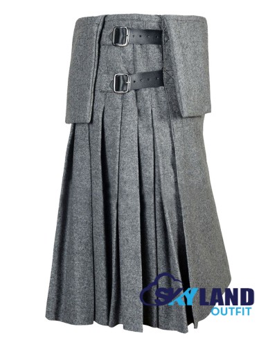 Grey Wool Scottish 8-Yard Kilt with 3 Detachable Pockets