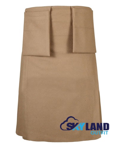 Khaki Wool Kilt | 8-Yard Scottish Kilt with 3 Detachable Pockets