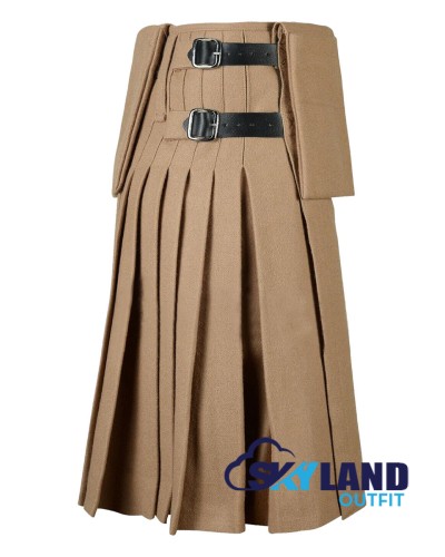 Khaki Wool Kilt | 8-Yard Scottish Kilt with 3 Detachable Pockets Khaki Wool Kilt | 8-Yard Scottish Kilt with 3 Detachable Pockets
