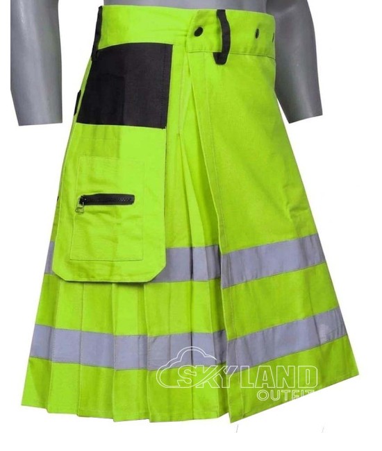 Green Cotton Fireman Utility Kilt | Reflective Tactical Cargo