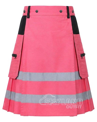 Pink Cotton Fireman Utility Kilt | Reflective Tactical Cargo