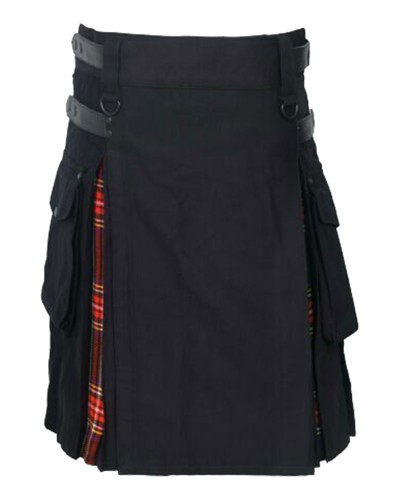 Hybrid Utility Kilts - Black Cotton & Black Stewart Tartan Kilt Hybrid Utility Kilts - Black Cotton & Black Stewart Tartan Kilt