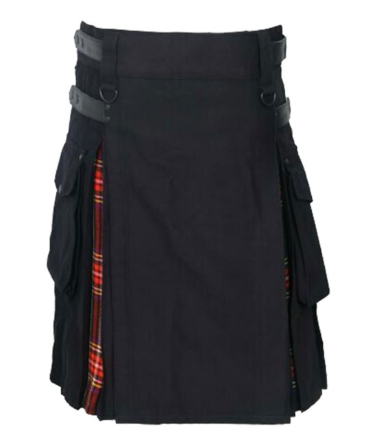 Hybrid Utility Kilts - Black Cotton & Black Stewart Tartan Kilt