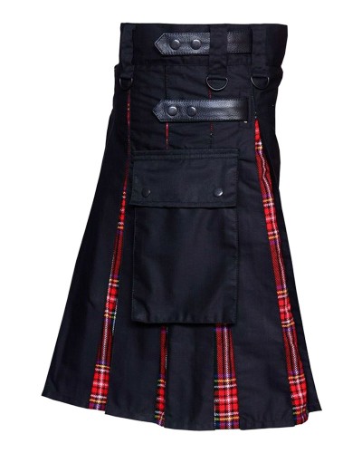 Hybrid Utility Kilts - Black Cotton & Black Stewart Tartan Kilt