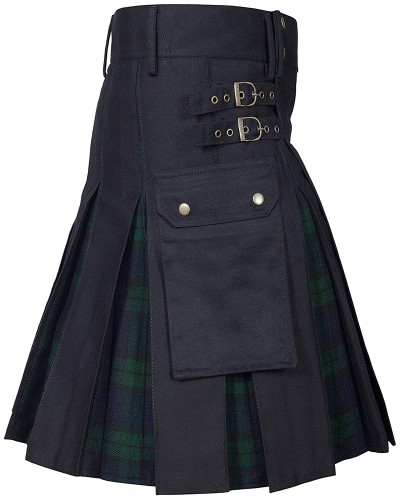 Hybrid Utility Kilts - Black Cotton & Black Watch Tartan Kilt