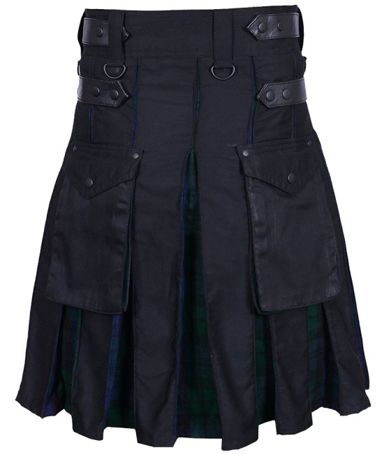 Hybrid Utility Kilts - Black Cotton & Black Watch Tartan Kilts