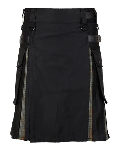 Hybrid Black & Red Utility Kilt - Cotton, Cargo Pockets, 44" Belly Button Waist, Waterfall Pleats