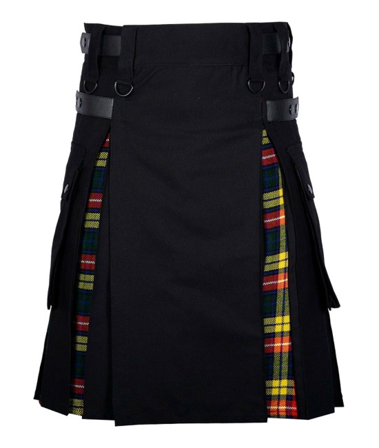 Hybrid Utility Kilts - Black Cotton & Buchanan Tartan Kilt