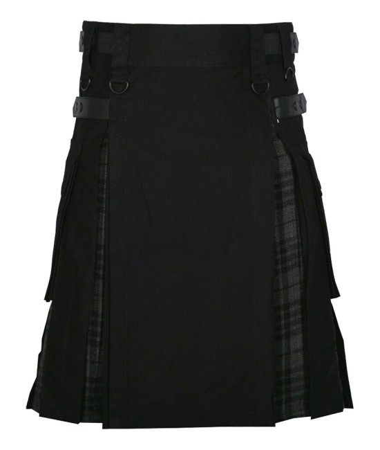 Hybrid Utility Kilts - Black Cotton & Grey Watch Tartan Kilt