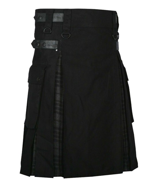 Hybrid Utility Kilts - Black Cotton & Grey Watch Tartan Kilt