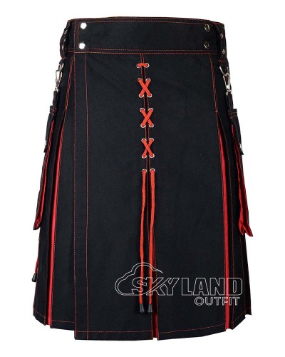 Black Inner Orange Hybrid Utility Kilt – Laces Cargo Pockets Kilts