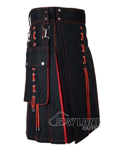 Black Inner Orange Hybrid Utility Kilt – Laces Cargo Pockets Kilts