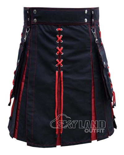Black Inner Red Hybrid Utility Kilt – Laces Cargo Pockets Kilts