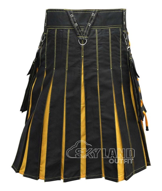 Black Inner Yellow Hybrid Utility Kilt – Laces Cargo Pockets Kilts