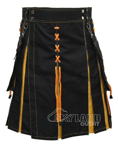 Black Inner Yellow Hybrid Utility Kilt – Laces Cargo Pockets Kilts