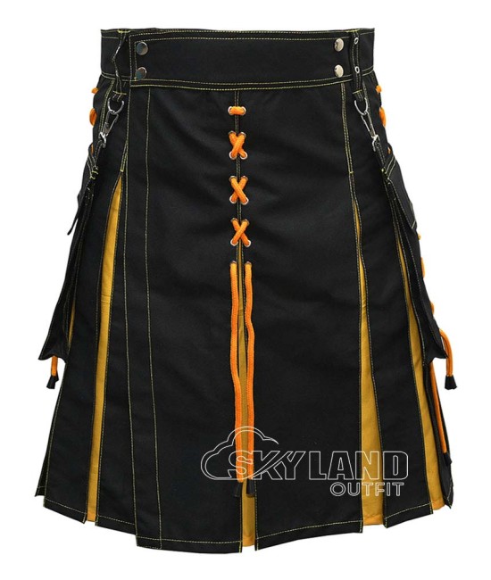 Black Inner Yellow Hybrid Utility Kilt – Laces Cargo Pockets Kilts