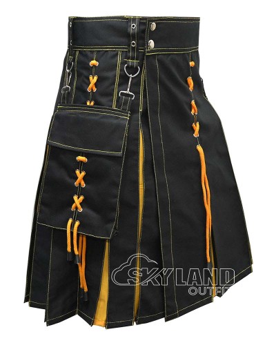 Black Inner Yellow Hybrid Utility Kilt – Laces Cargo Pockets Kilts