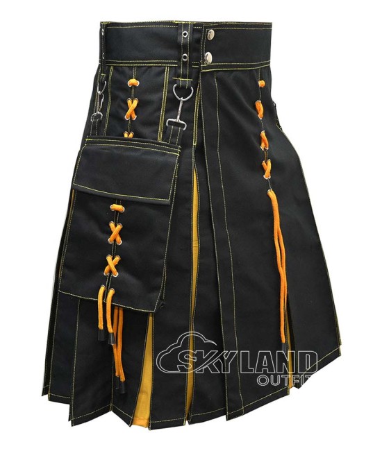 Black Inner Yellow Hybrid Utility Kilt – Laces Cargo Pockets Kilts