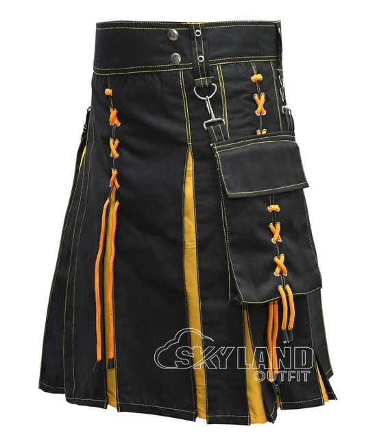 Black Inner Yellow Hybrid Utility Kilt – Laces Cargo Pockets Kilts