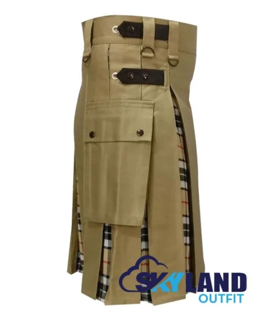 Hybrid Utility Kilts - Khaki Cotton & Camel Thompson Tartan Kilt Hybrid Utility Kilts - Khaki Cotton & Camel Thompson Tartan Kilt