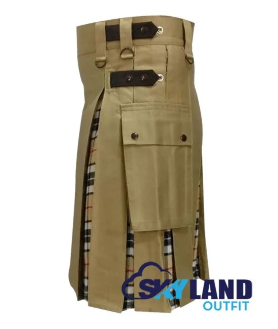 Hybrid Utility Kilts - Khaki Cotton & Camel Thompson Tartan Kilt Hybrid Utility Kilts - Khaki Cotton & Camel Thompson Tartan Kilt