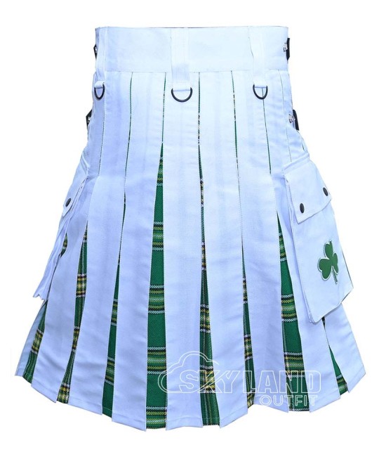 Hybrid Utility Kilts - White Cotton & Irish Heritage Tartan Kilt