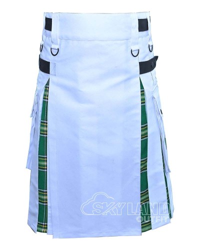 Hybrid Utility Kilts - White Cotton & Irish Heritage Tartan Kilt