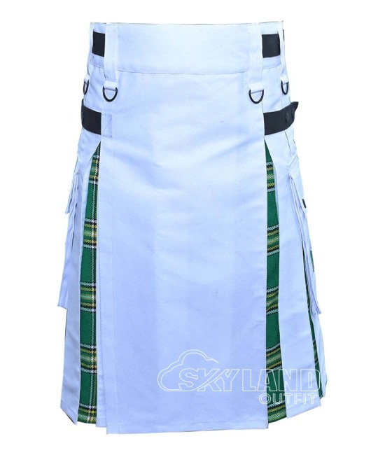 Hybrid Utility Kilts - White Cotton & Irish Heritage Tartan Kilt